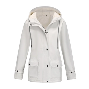 Detail view of white hooded jacket showing warm faux shearling lining and metal zipper closure
