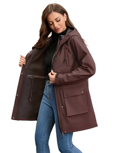Detail of dark brown hooded parka with warm fleece lining and adjustable drawstring waist
