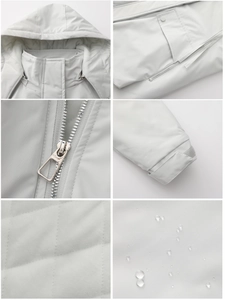 Detailed views of hooded jacket features including waterproof fabric and quilted lining