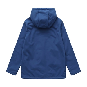 Back view of a navy blue hooded water-resistant jacket for women with high-quality texture