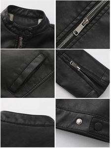 Detailed views of black leather jacket hardware including stand collar and metal zippers