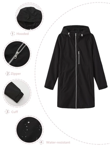 Women's black hooded windbreaker jacket with water-resistant fabric and zipper pockets