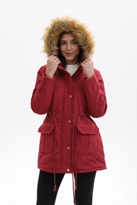 Parka d'hiver rouge pour femme avec capuche en fausse fourrure et taille à cordon réglable