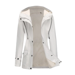 Detail of white hooded windbreaker featuring warm fleece lining and sturdy zipper closure