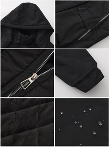 Detail view of waterproof fabric, metal zipper, and warm quilted lining of the jacket