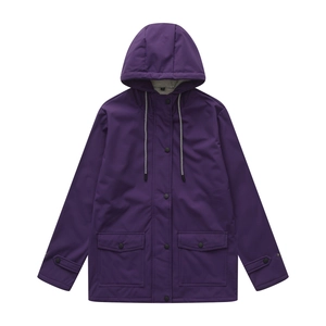 Detail view of purple hooded jacket featuring white drawstrings and snap-button flap pockets