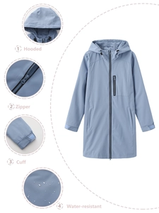 Women's light blue hooded windbreaker with water-resistant fabric and zipper pockets