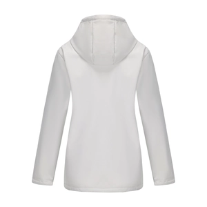 Back view of light grey hooded windbreaker jacket with water-resistant fabric details