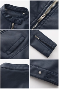Detailed close-up views of the stand collar, metal zippers and navy leather jacket texture