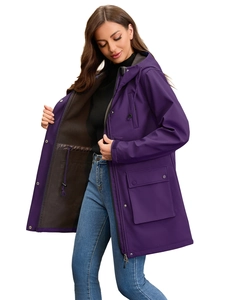 Women's deep purple hooded raincoat with warm fleece lining and adjustable waist