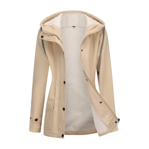 Detail view of khaki hooded windbreaker showing soft white fleece lining and zipper