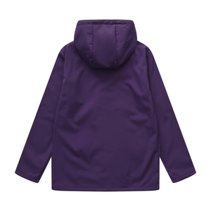 Back view of a deep purple water-resistant hooded jacket with clean seams and flat-lay style