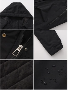 Detailed views of waterproof fabric, warm quilted lining and adjustable cuffs on jacket