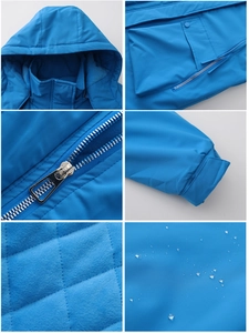 Detail shots of bright blue waterproof parka showing fleece lining and hooded design