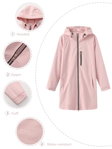 Women's light pink hooded long raincoat with zipper, functional pockets and water resistance