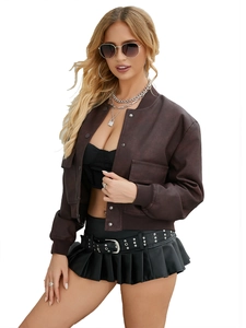 Deep brown faux leather oversized bomber jacket with metallic snap buttons and large pockets
