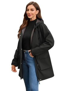 Women's black hooded windbreaker with warm grey fleece lining and large flap pockets