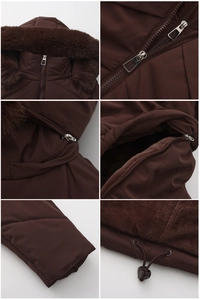 Detailed views of brown hooded winter coat featuring faux fur trim and fleece lining texture