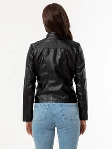 Schwarze Kunstlederjacke für Damen mit gesteppten Schultern in Diamant-Optik hinten