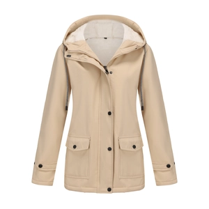 Detail of hooded windbreaker with warm fleece lining and front cargo pockets