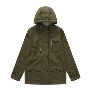 Detail of olive green waterproof jacket with drawstring hood and large flap pockets