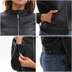 Detail view of black faux leather jacket with stand collar, zippers, and buckle waist