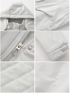 Detail of waterproof fabric, quilted lining, and adjustable cuffs of women's hiking jacket