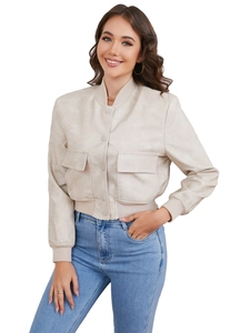 Oversized beige faux leather bomber jacket with ribbed cuffs and chest pockets