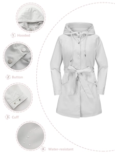 Women's waterproof hooded trench coat with adjustable waist belt and button closure