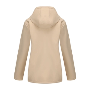 Back view of beige hooded waterproof windbreaker jacket with mid-length slim fit design