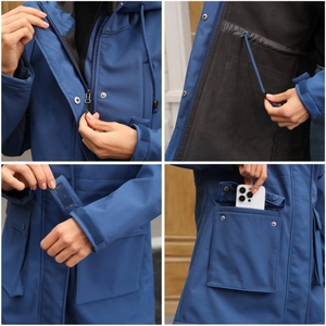 Detail view of navy blue waterproof parka with adjustable drawstring and large flap pocket
