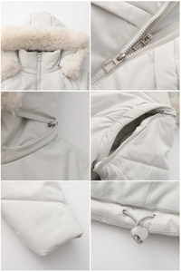 Detail view of winter jacket featuring plush faux fur collar and heart-shaped hem drawstring