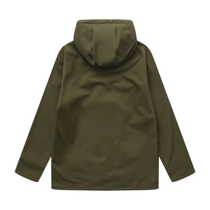 Back view of dark olive green hooded windbreaker in waterproof matte synthetic fabric