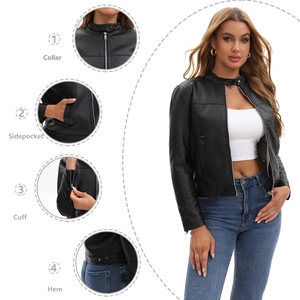 Detail view of leather jacket featuring stand collar, side pockets, cuffs, and hem design