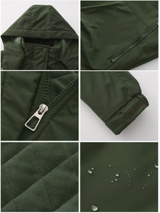 Detail view of water-resistant fabric and quilted lining on hooded winter jacket