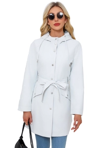 Women's light grey hooded waterproof trench coat with waist belt and button closure