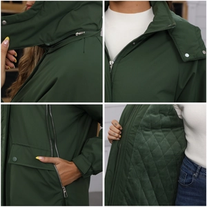 Detail of dark green hooded parka with removable hood and diamond quilted lining