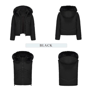 Detail of black hooded quilted jacket with detachable sleeves and faux fur trim