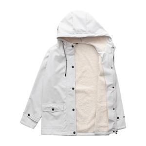 Detail view of water-resistant beige hooded jacket with warm sherpa fleece lining and cargo pockets
