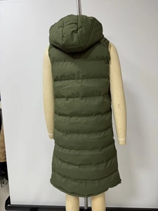 Back view of army green hooded long puffer vest with horizontal wide quilting detail