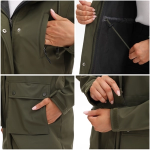 Detail view of olive green raincoat with fleece lining and drawstring waist
