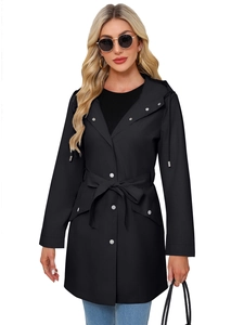 Women's black hooded water-resistant windbreaker with waist belt and metallic buttons