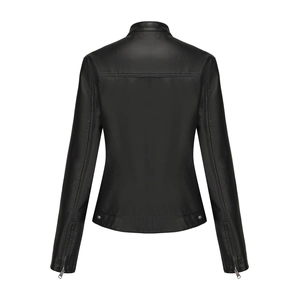 Detail view of the back of a black faux leather jacket with stand collar and sleeve zippers