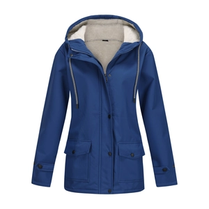 Detail of navy windbreaker with warm white sherpa fleece lining and adjustable hood drawstring