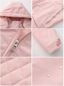 Detail view of pink waterproof jacket with zipper pockets and quilted inner lining