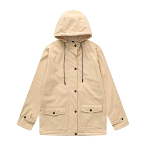 Detail of water-resistant hooded trench coat with fleece lining and drawstrings