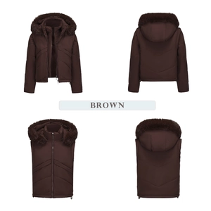 Detail view of brown puffer jacket with removable sleeves and faux fur trimmed hood
