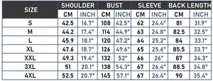 Size chart for hooded jackets showing S to 4XL measurements in CM and inches