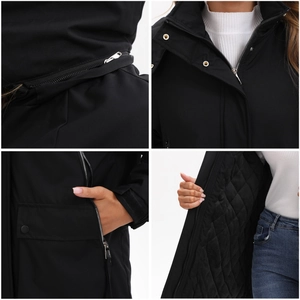 Detail showing waterproof fabric with quilted inner lining and golden snaps on jacket