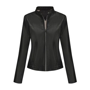 Close-up of black faux leather biker jacket with stand collar and silver metal zipper